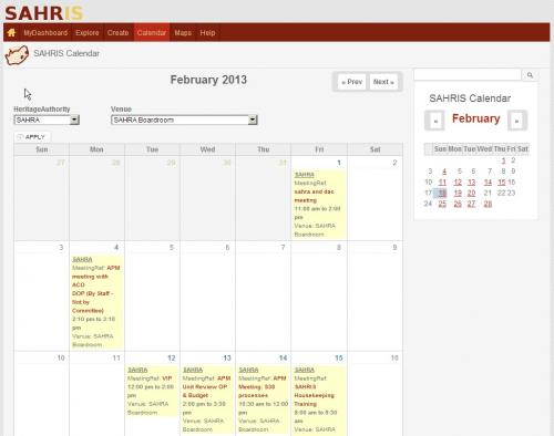 SAHRIS Calendar filter to organisation and venue