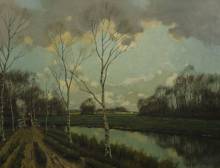 ‘Woman walking on a dutch Canal path’, Marthinus (Tinus) Johannes de Jongh 